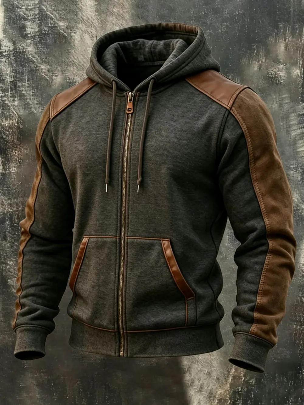 Men'S Retro Patchwork Zipper Pocket Hoodie