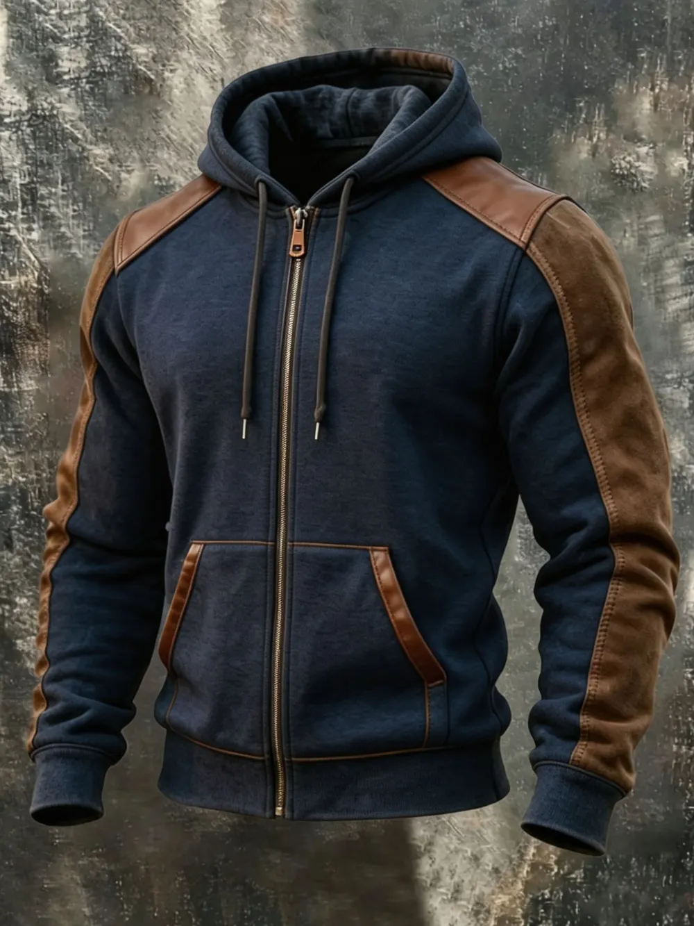 Men'S Retro Patchwork Zipper Pocket Hoodie