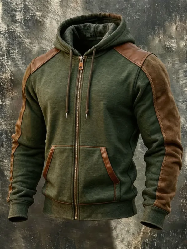 Men'S Retro Patchwork Zipper Pocket Hoodie