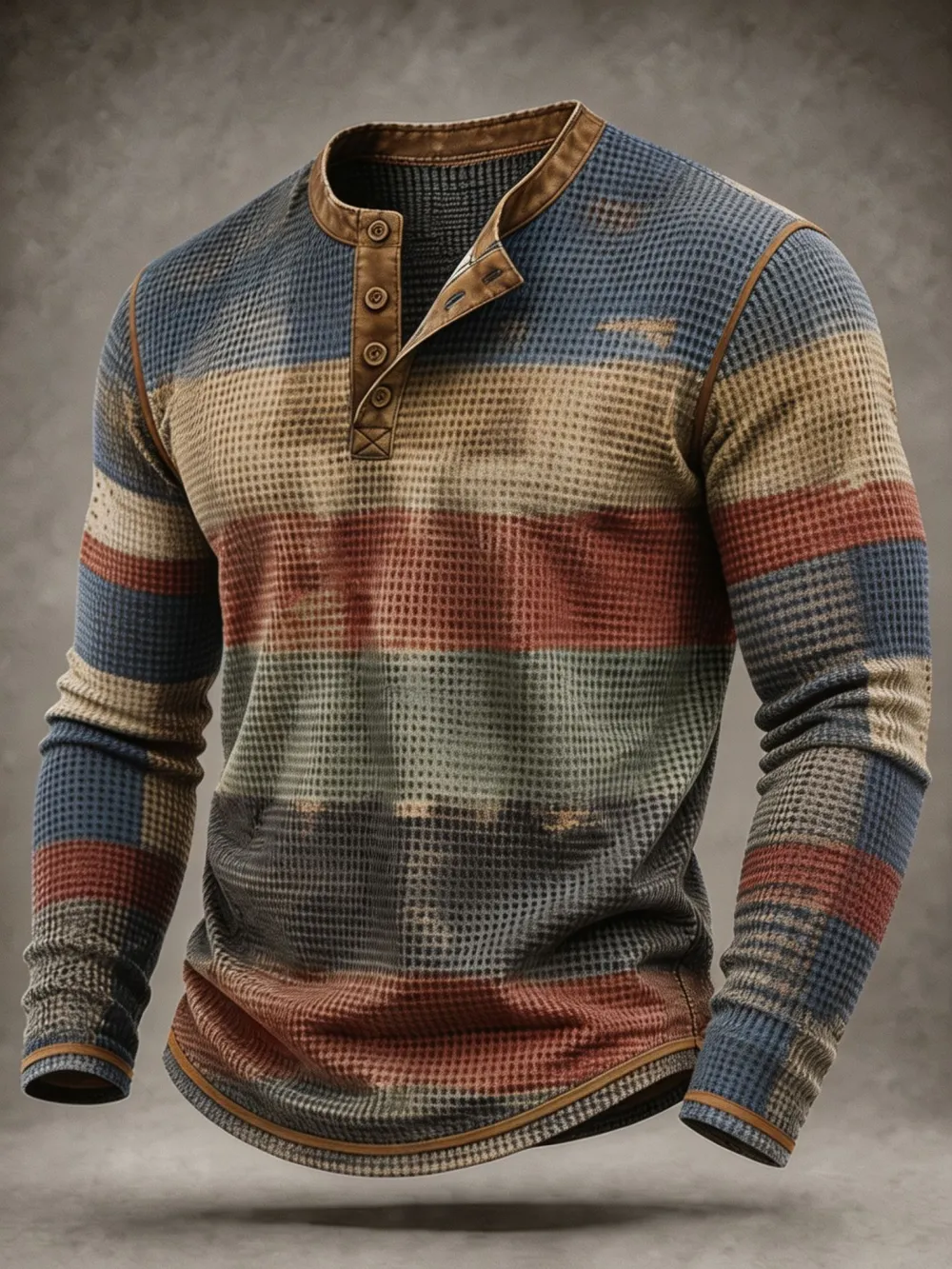 Men'S Vintage Stripe Waffle Knit Long Sleeve Henley Top