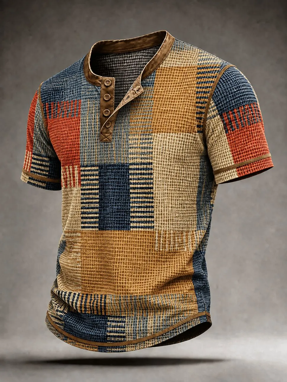Men'S Patchwork Plaid Waffle Knit Short Sleeve Henley Shirt