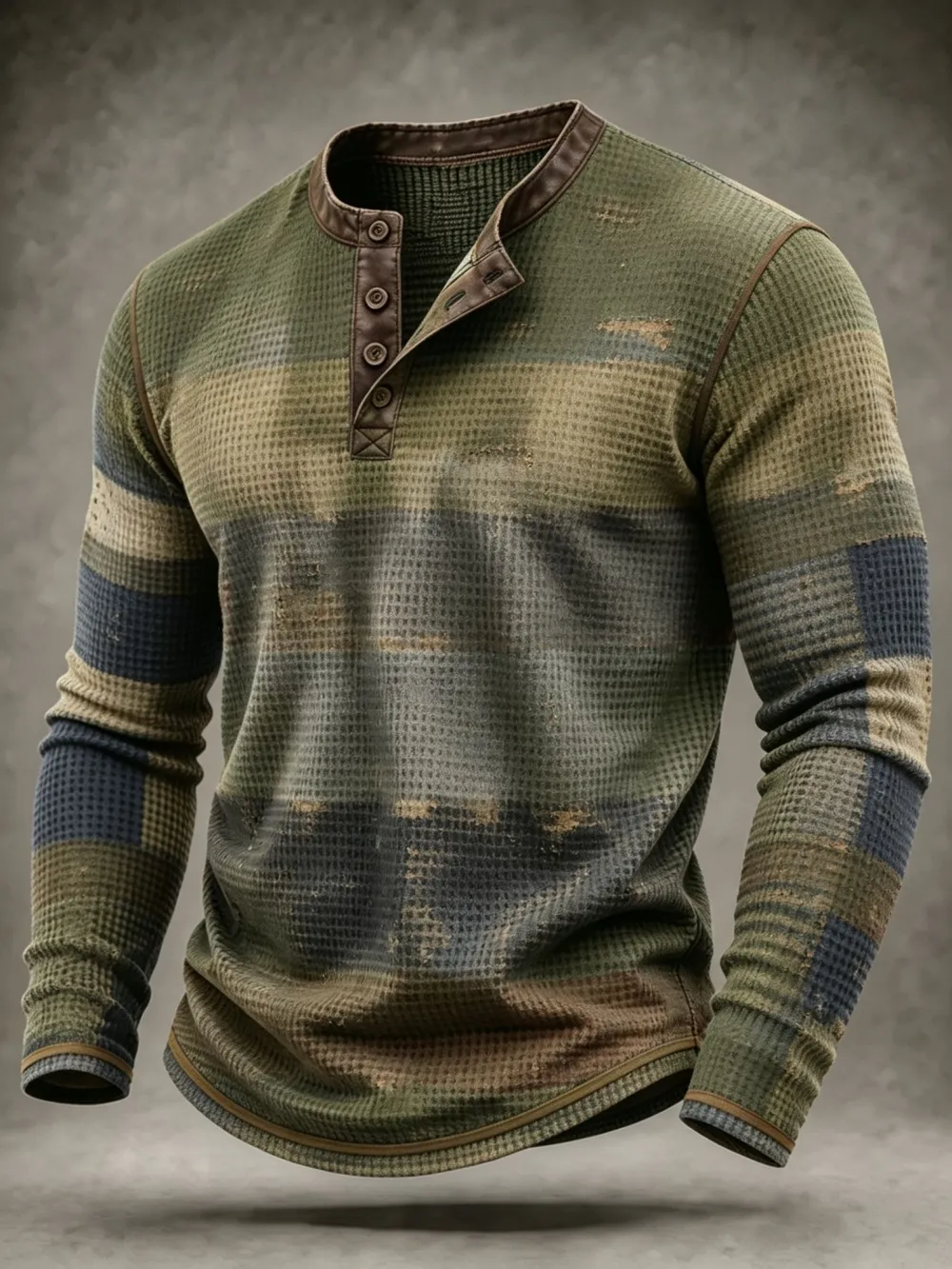 Men'S Vintage Stripe Waffle Knit Long Sleeve Henley Top
