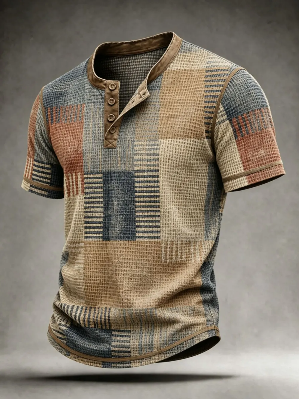 Men'S Patchwork Plaid Waffle Knit Short Sleeve Henley Shirt