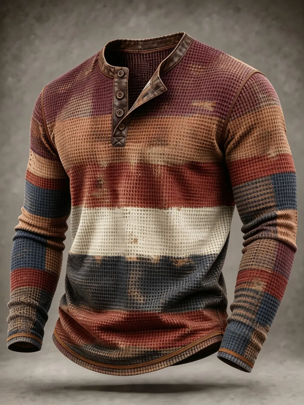 Men'S Vintage Stripe Waffle Knit Long Sleeve Henley Top