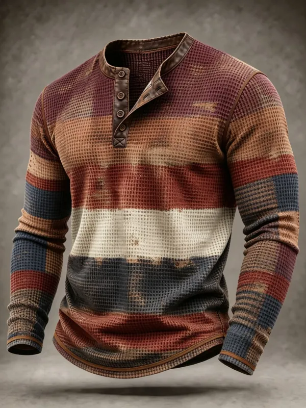 Men'S Vintage Stripe Waffle Knit Long Sleeve Henley Top