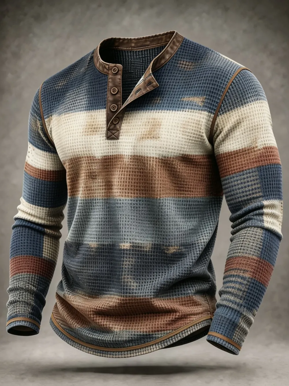 Men'S Vintage Stripe Waffle Knit Long Sleeve Henley Top