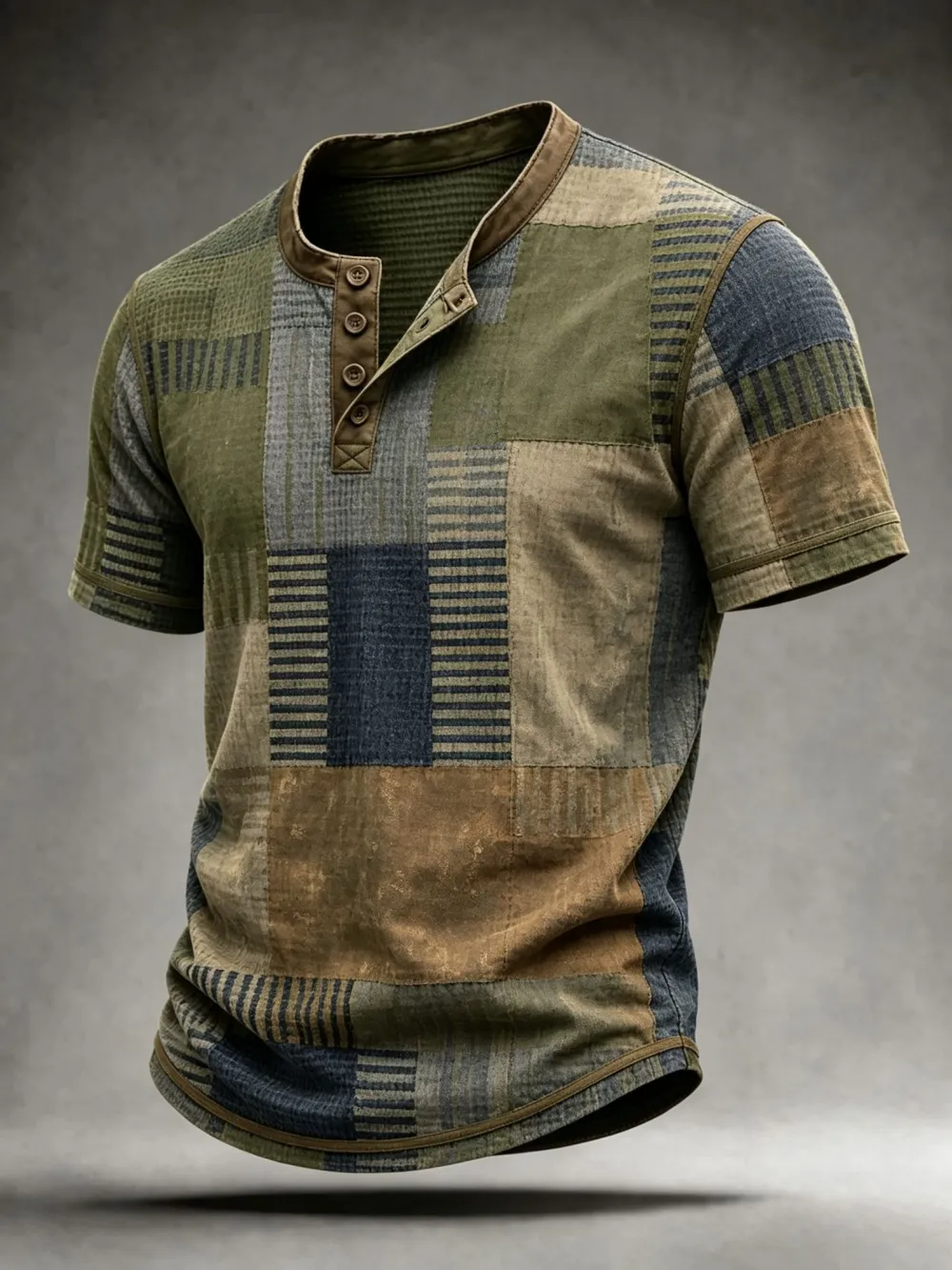Men'S Patchwork Plaid Waffle Knit Short Sleeve Henley Shirt