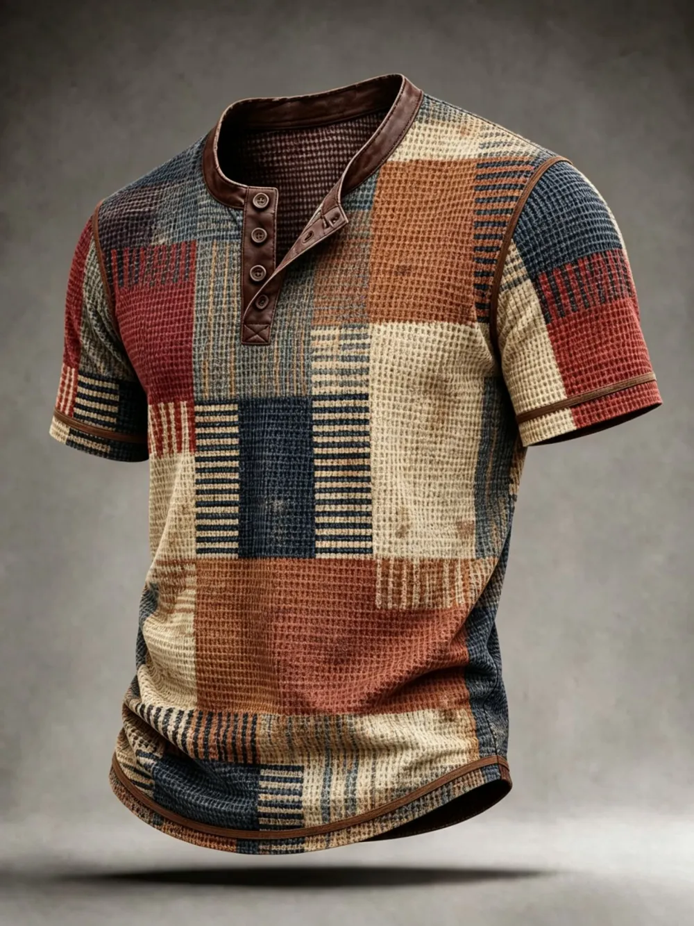 Men'S Patchwork Plaid Waffle Knit Short Sleeve Henley Shirt