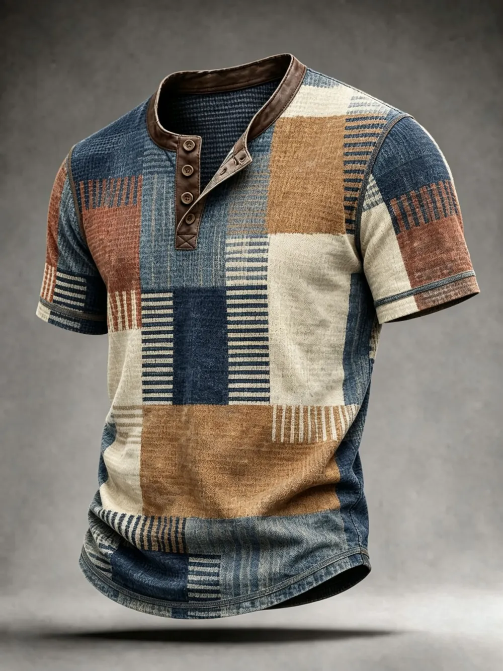 Men'S Patchwork Plaid Waffle Knit Short Sleeve Henley Shirt