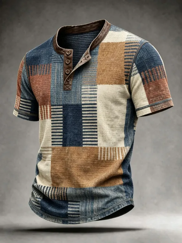 Men'S Patchwork Plaid Waffle Knit Short Sleeve Henley Shirt