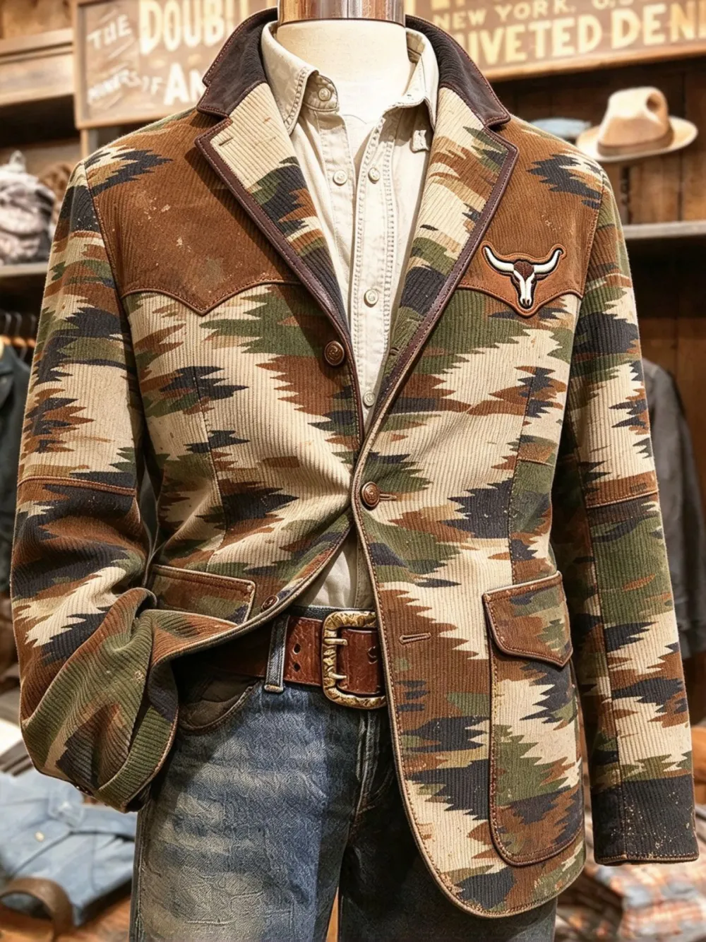 Men's Southwestern Aztec Corduroy Western Blazer Longhorn Skull Embroidery