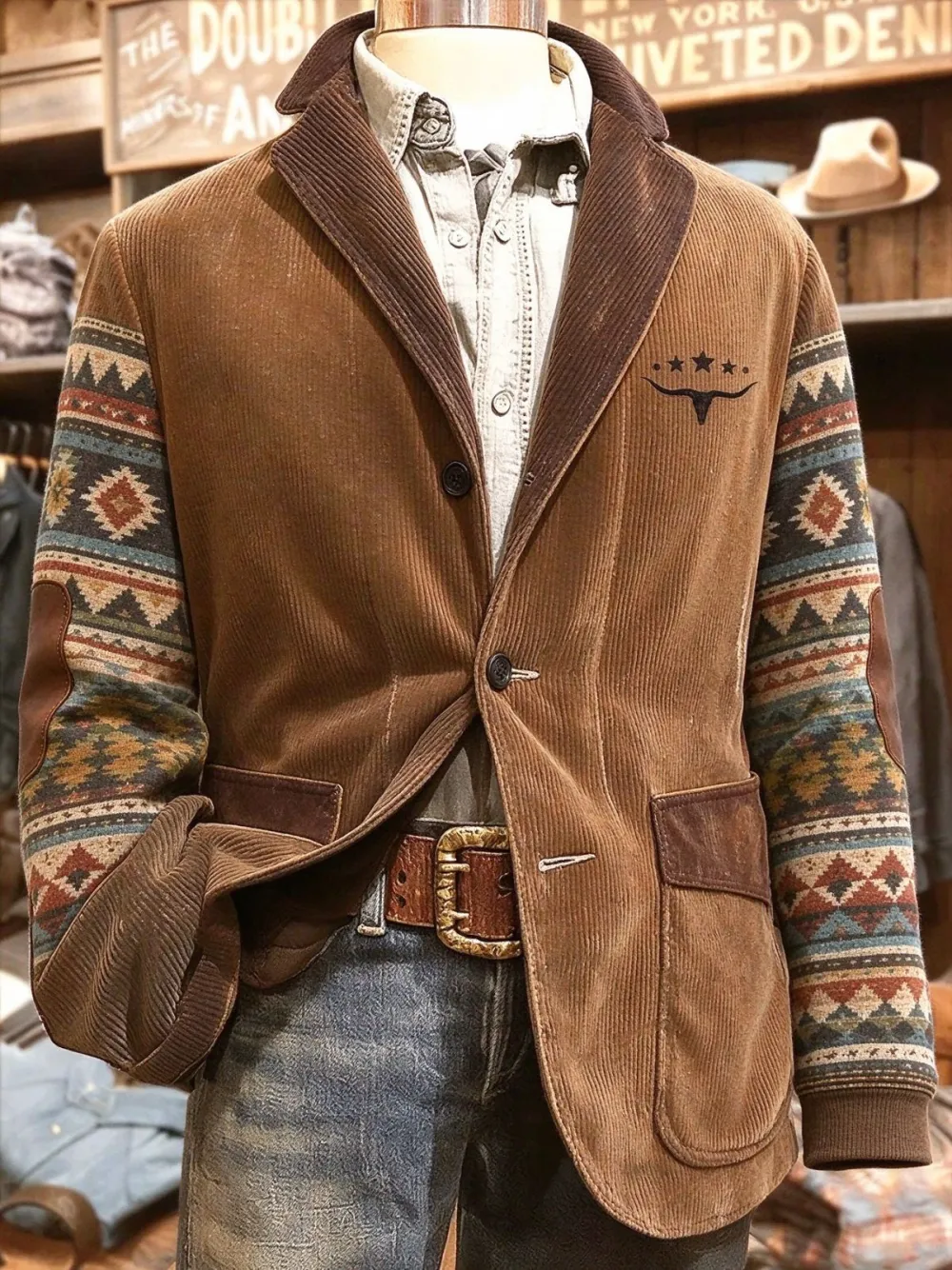 Men's Retro Corduroy Western Blazer Southwestern Pattern Sleeve