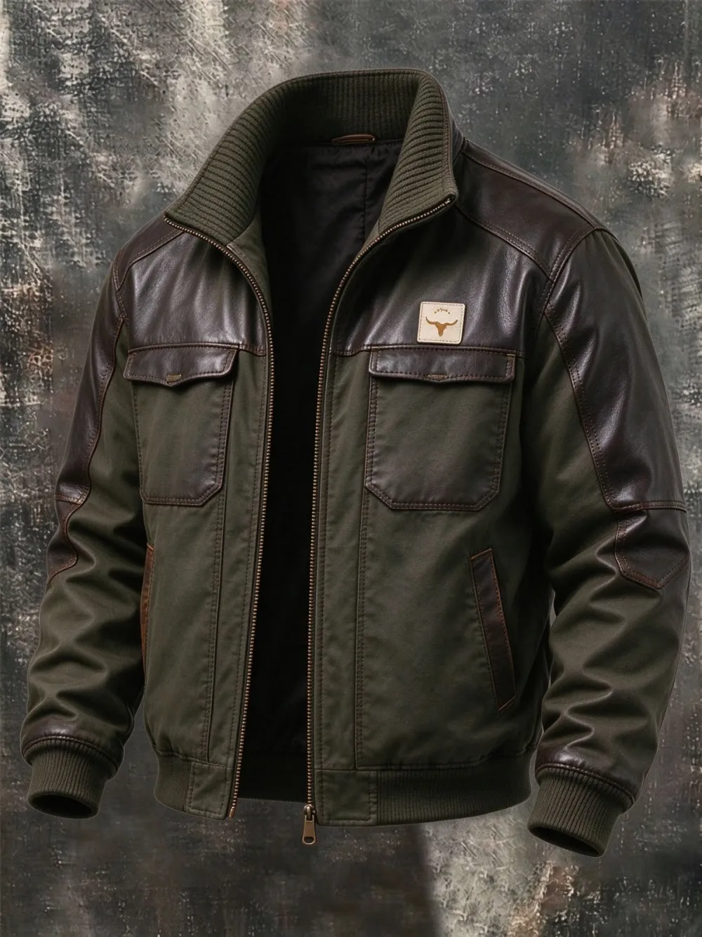 Men's Canvas Faux Leather Spliced Western Bomber Jacket With Longhorn Patch