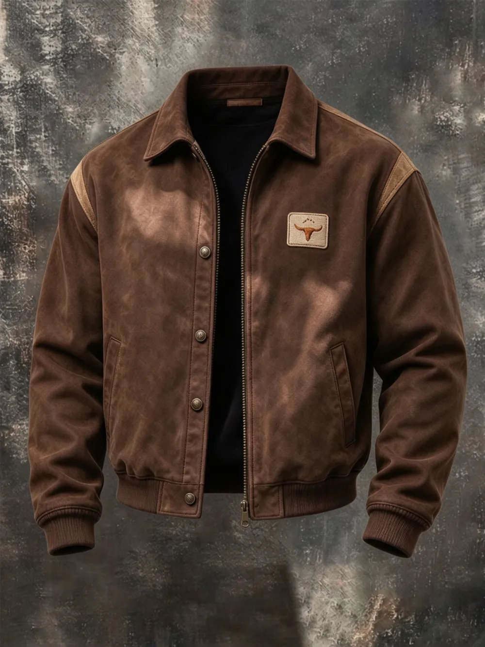 Men's Vintage Suede Western Bomber Jacket Longhorn Embroidered Patch