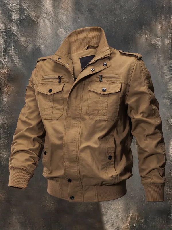 Men'S Zipper Pocket Stand Up Collar Plus Size Jacket