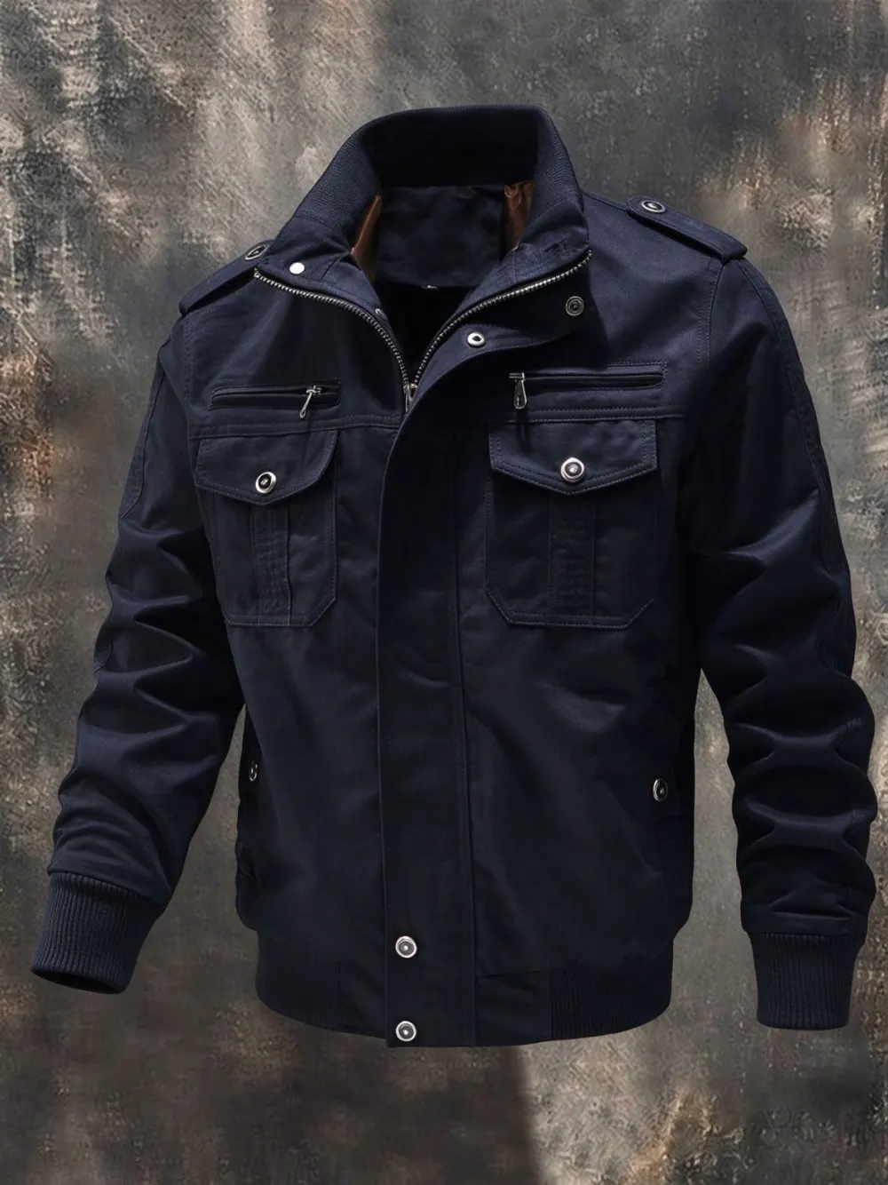 Men'S Zipper Pocket Stand Up Collar Plus Size Jacket