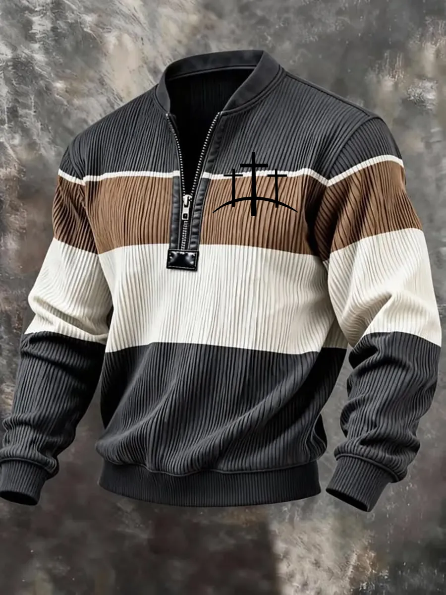 Men's Retro Striped Half Zipper Stand Up Collar Long Sleeved Sportswear