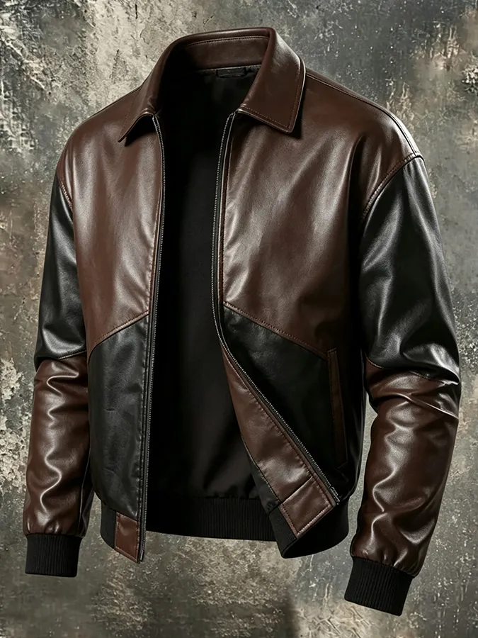 Men'S Retro Patchwork Leather Lapel Jacket Jacket