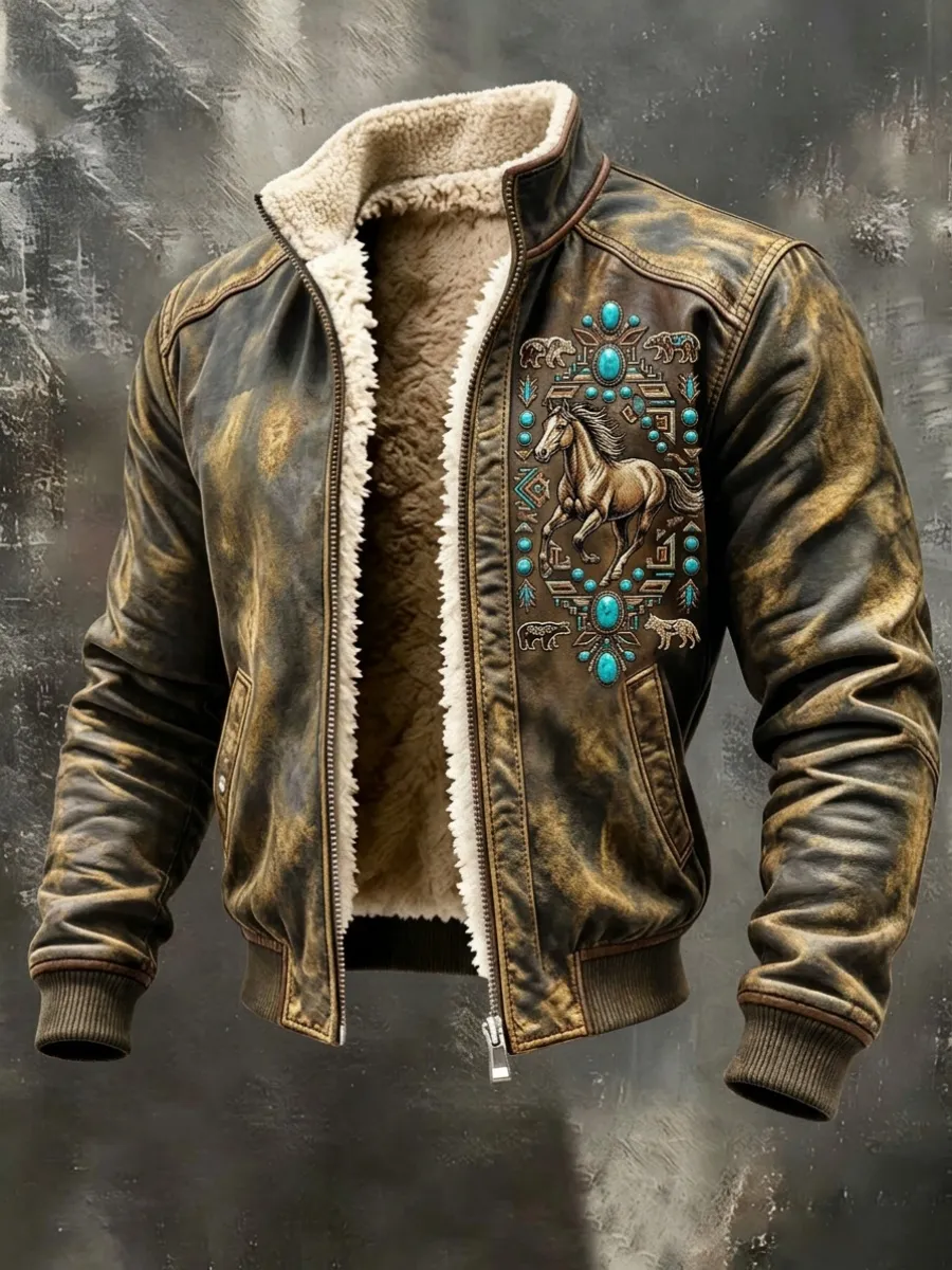 Men's Western-Style Horse-Print Zippered Fleece Jacket