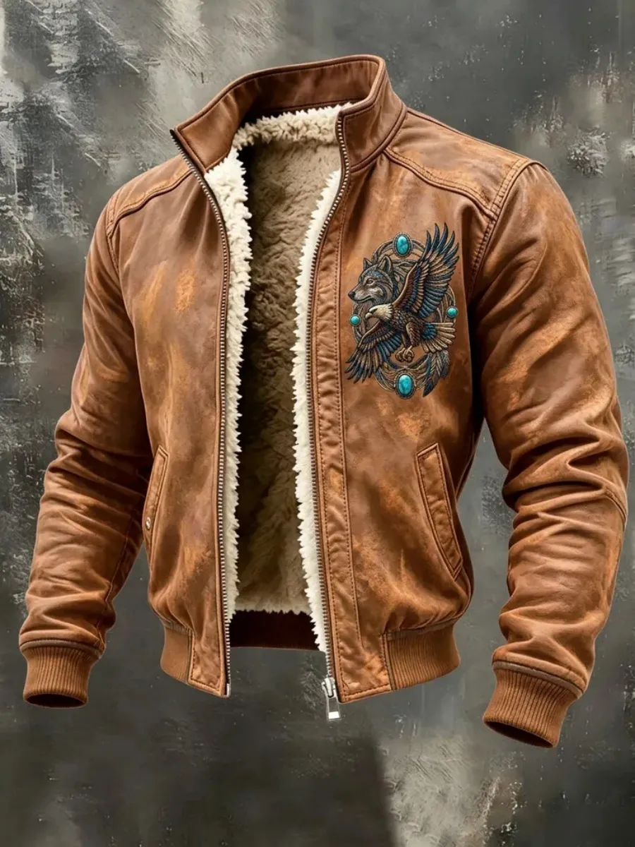 Men's Western-Style Eagle-Print Zippered Fleece Jacket