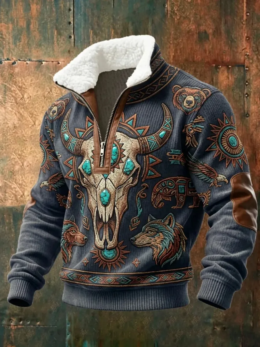 Men's Western Bull Skull Print Half-Zip Fleece-Collar Knit Sweatshirt