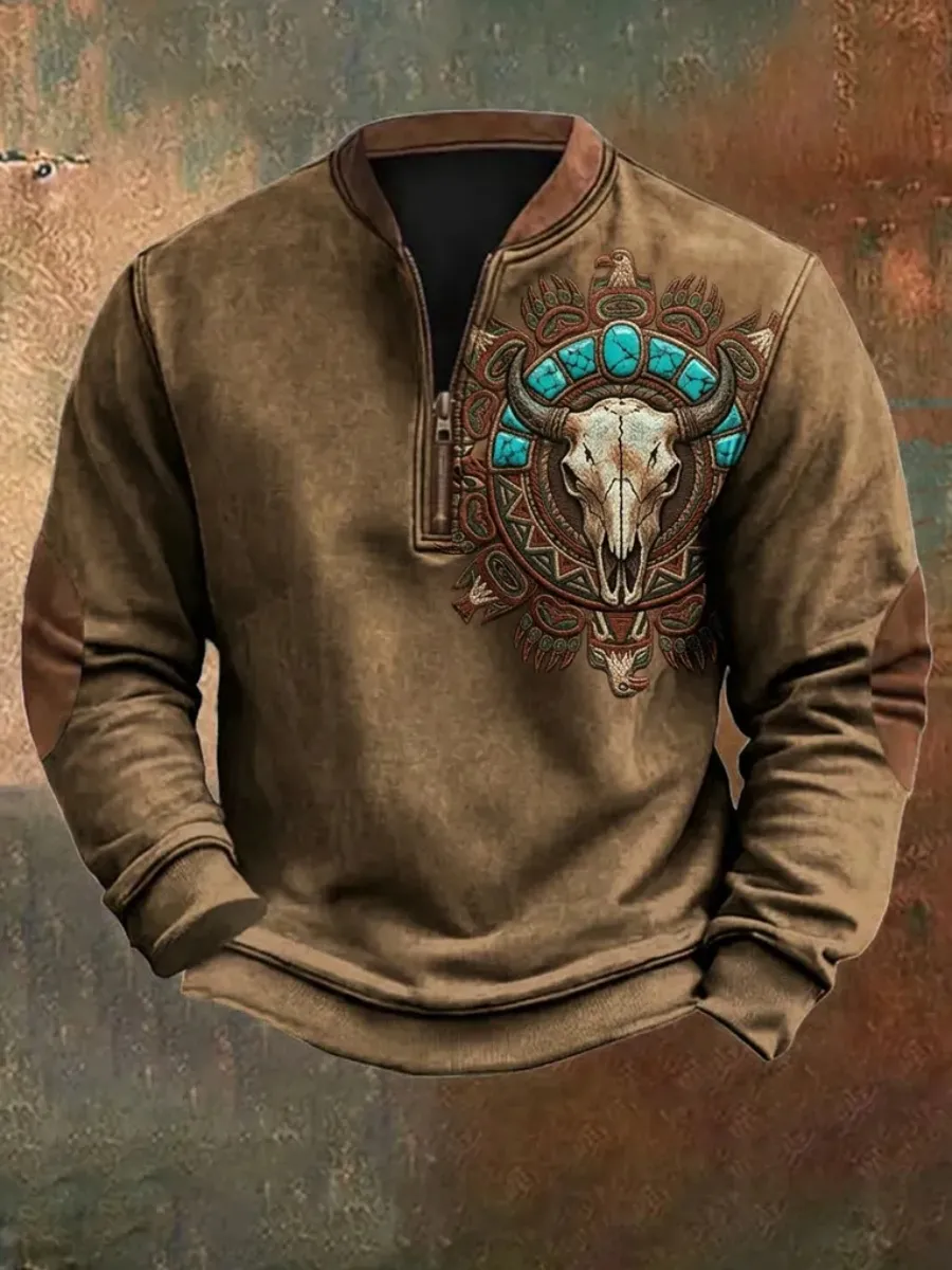 Men's Western Bull Skull Print Half-Zip Hoodie