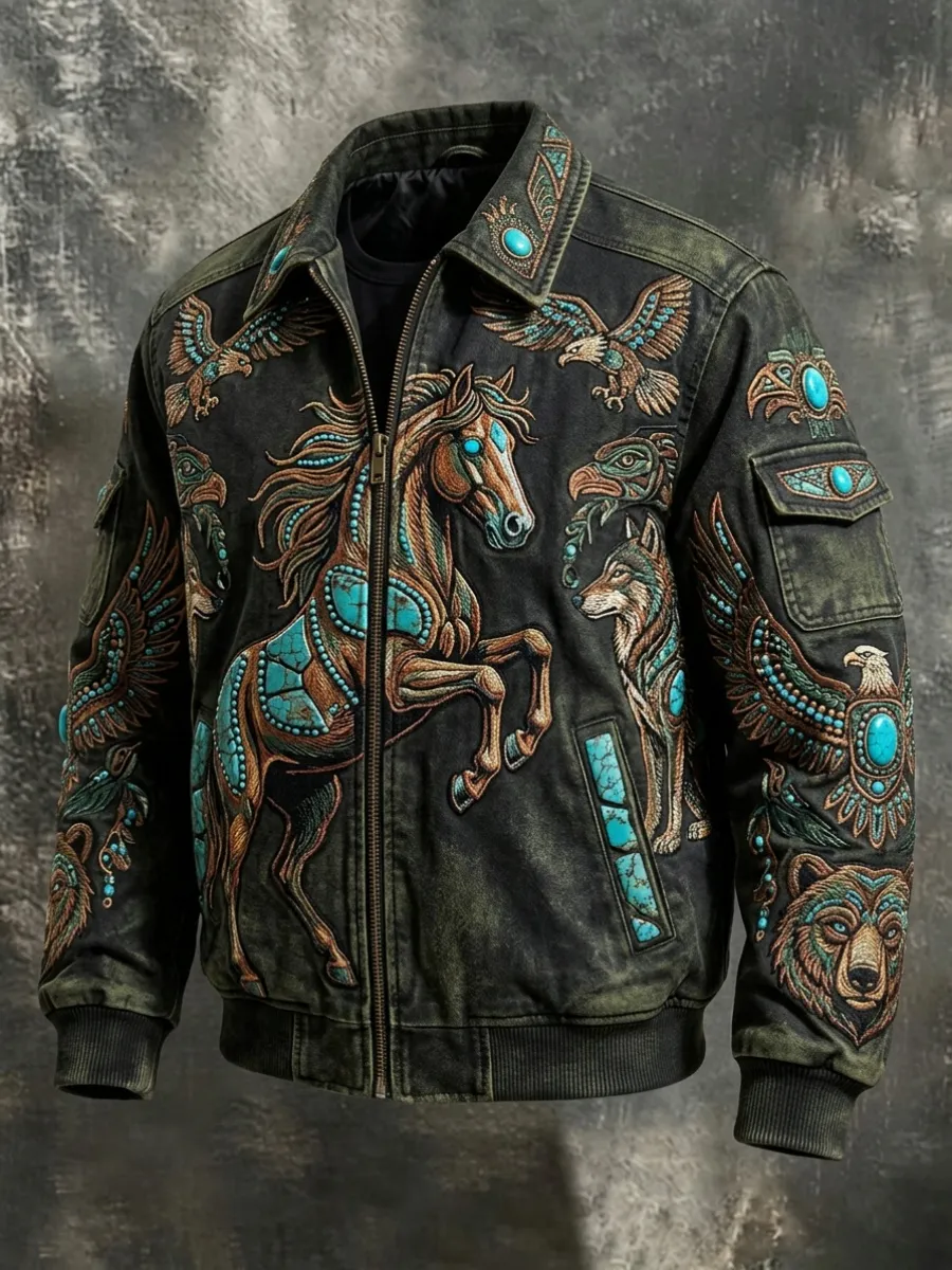 Men's Western-Style Horse-Themed Zipper Vintage Jacket