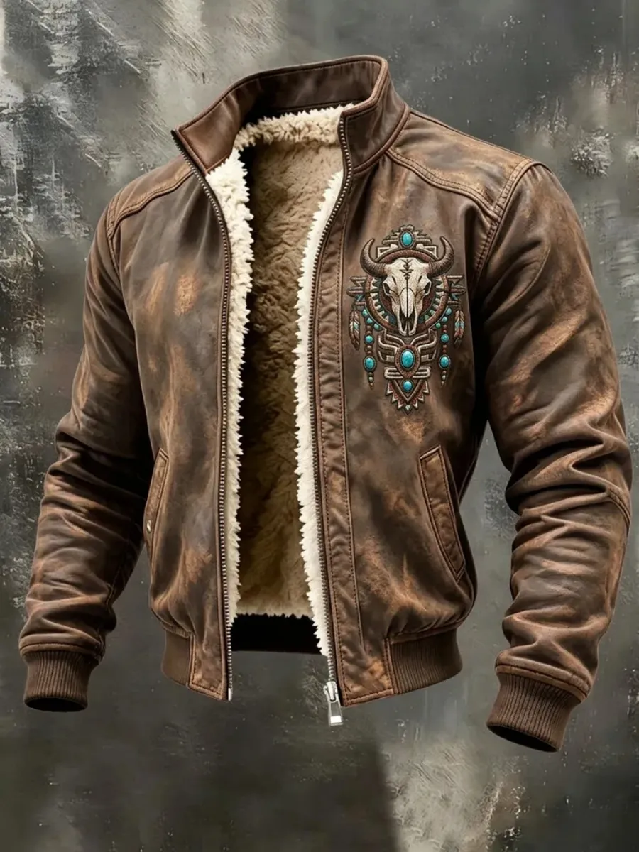 Men's Western-Style Bull Skull Animal-Print Zippered Fleece Jacket