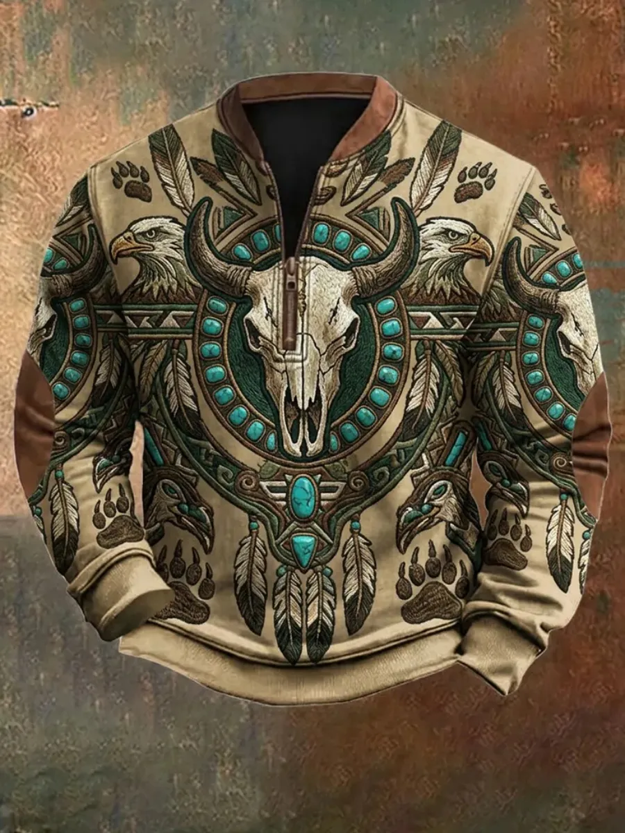 Men's Western Bull Skull Animal-Print Half-Zip Hoodie