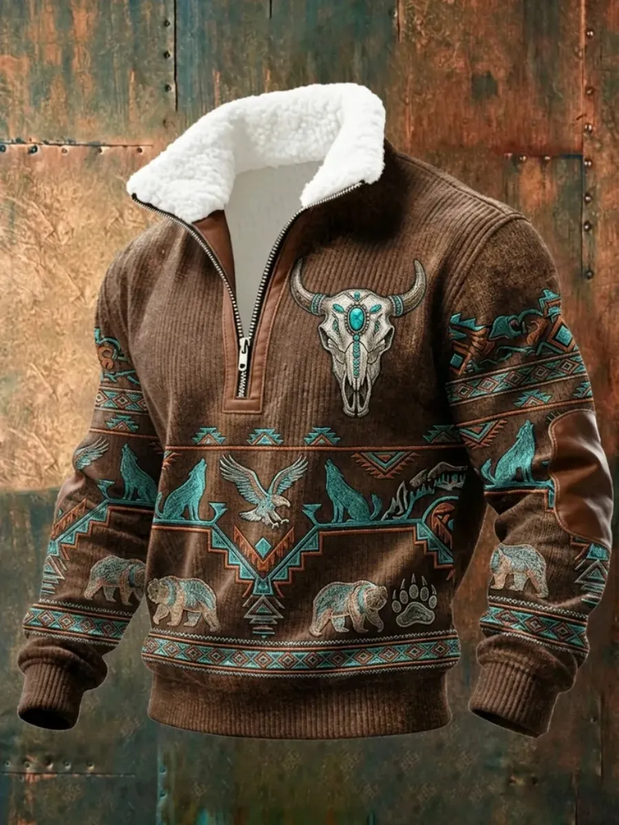 Men's Western Bull Skull Print Half-Zip Fleece-Collar Knit Sweatshirt