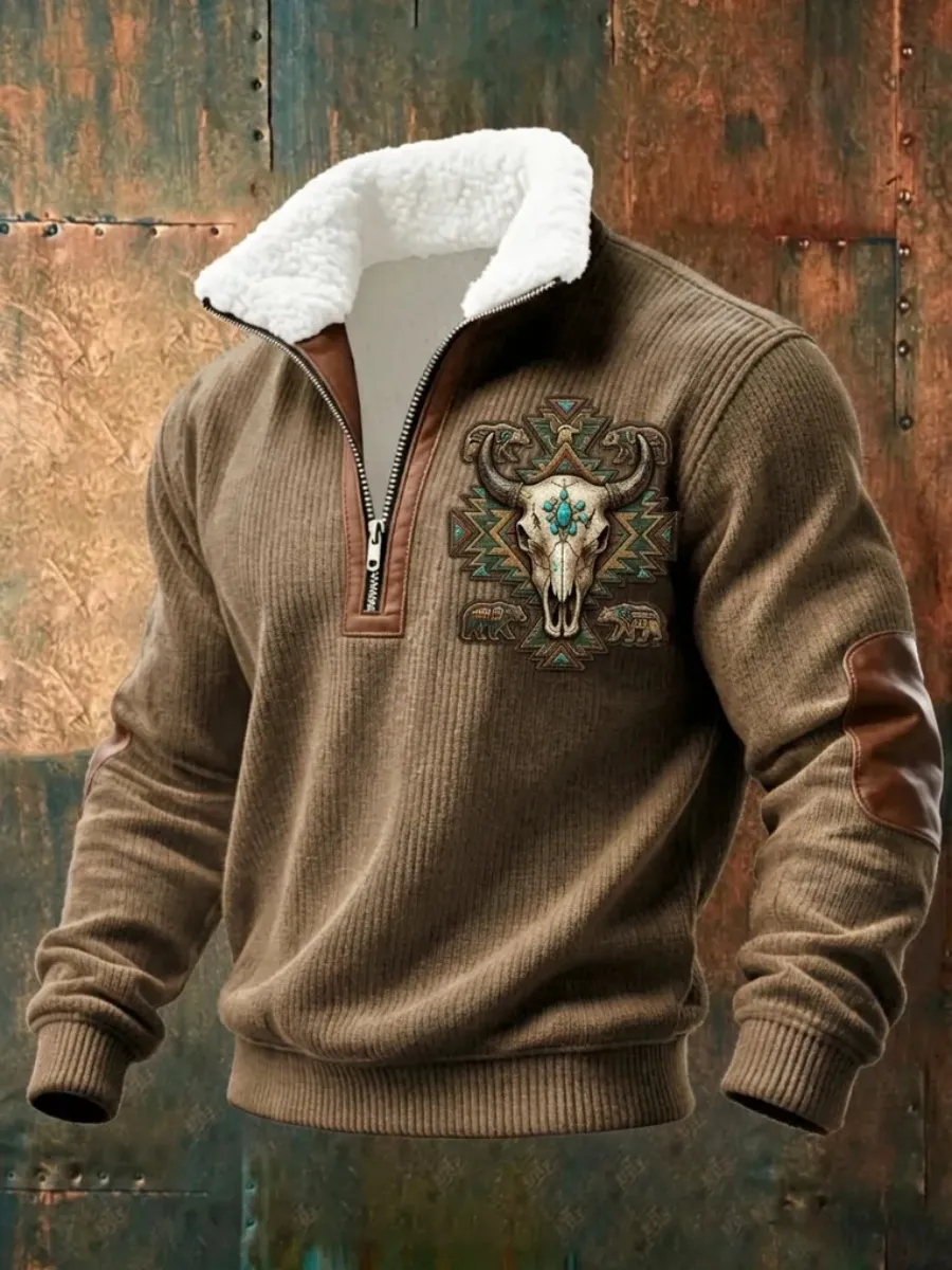 Men's Western Bull Skull Print Half-Zip Fleece-Collar Knit Sweatshirt