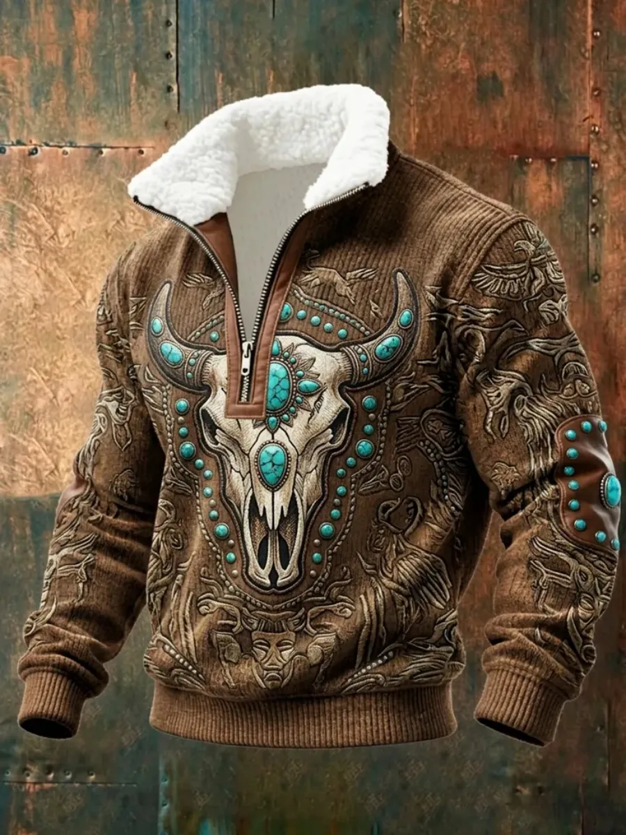 Men's Western Bull Skull Print Half-Zip Fleece-Collar Knit Sweatshirt
