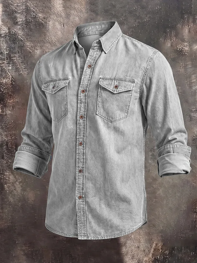Men'S Casual Retro Denim Solid Color Multi-Color Shirt