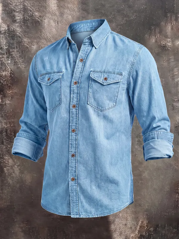 Men'S Casual Retro Denim Solid Color Multi-Color Shirt