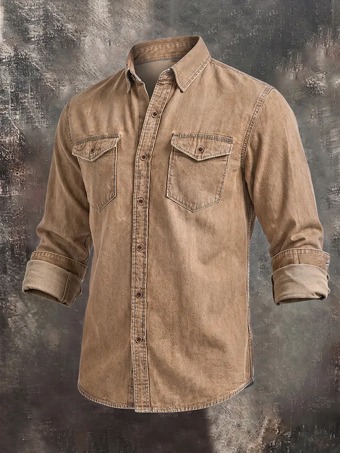 Men'S Casual Retro Denim Solid Color Multi-Color Shirt