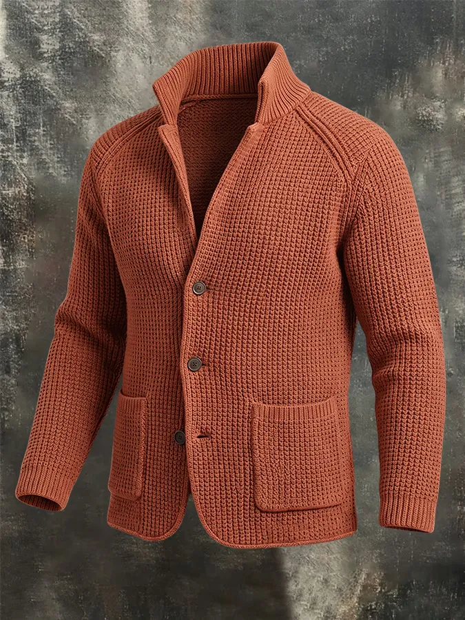 Men'S Retro Warm Knitted Sweater Button Collar Solid Color Coarse Needle Sweater Coat