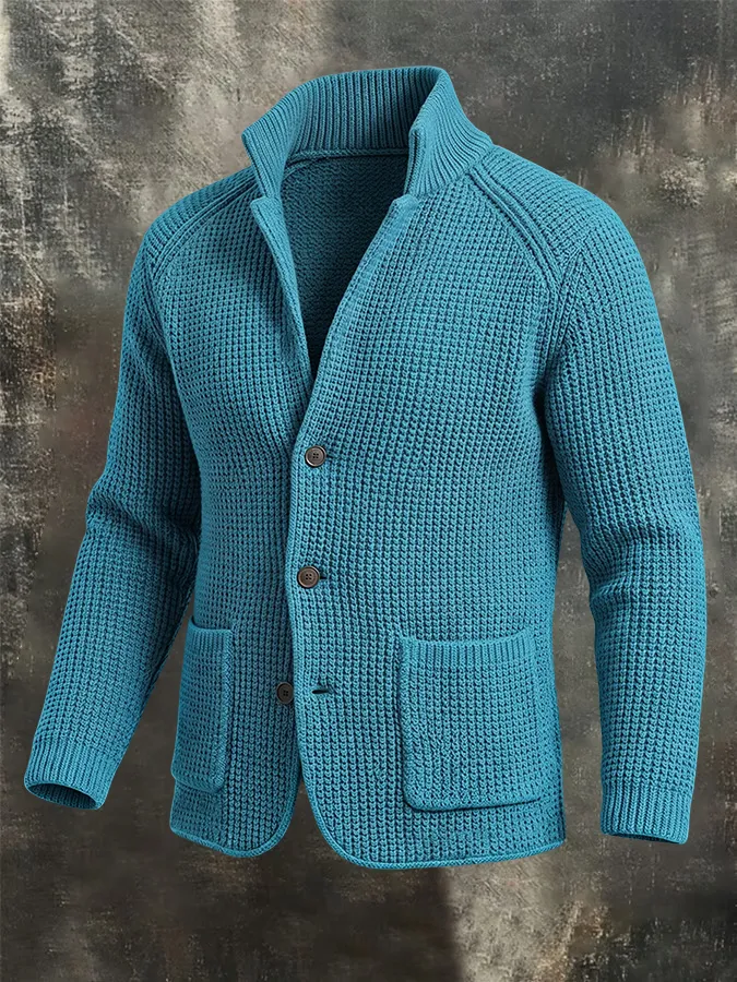 Men'S Retro Warm Knitted Sweater Button Collar Solid Color Coarse Needle Sweater Coat
