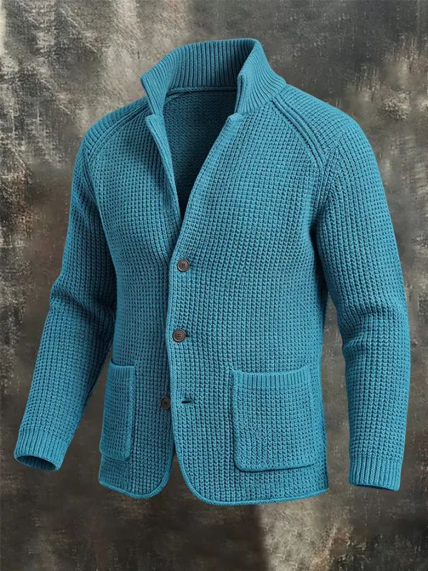 Men'S Retro Warm Knitted Sweater Button Collar Solid Color Coarse Needle Sweater Coat