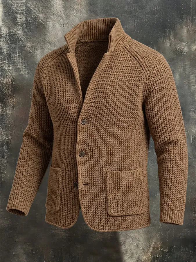 Men'S Retro Warm Knitted Sweater Button Collar Solid Color Coarse Needle Sweater Coat