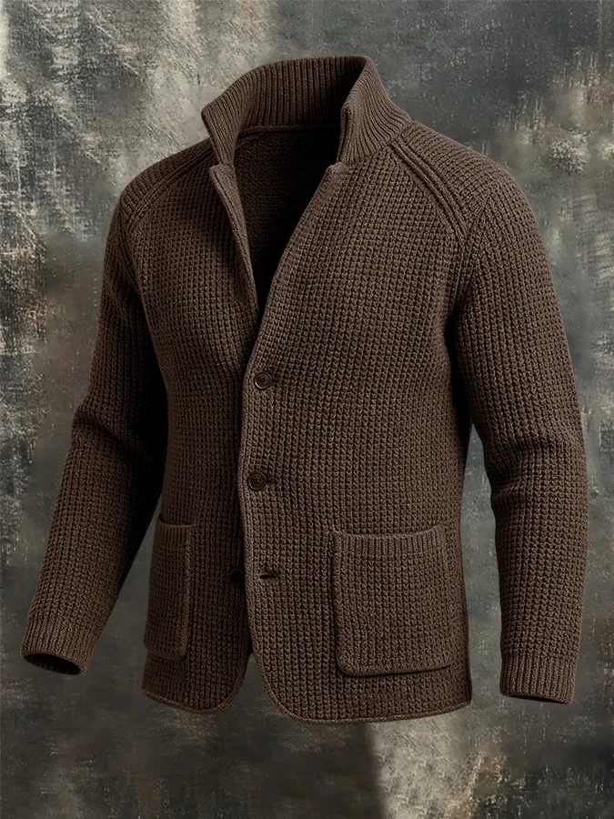 Men'S Retro Warm Knitted Sweater Button Collar Solid Color Coarse Needle Sweater Coat