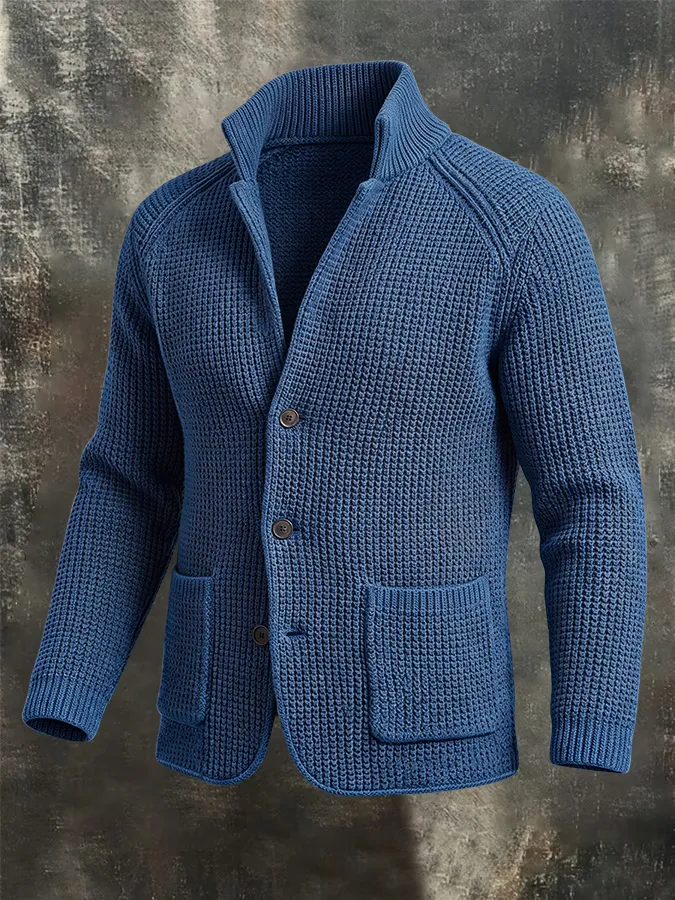 Men'S Retro Warm Knitted Sweater Button Collar Solid Color Coarse Needle Sweater Coat