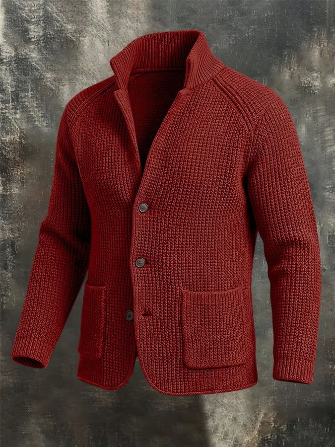 Men'S Retro Warm Knitted Sweater Button Collar Solid Color Coarse Needle Sweater Coat