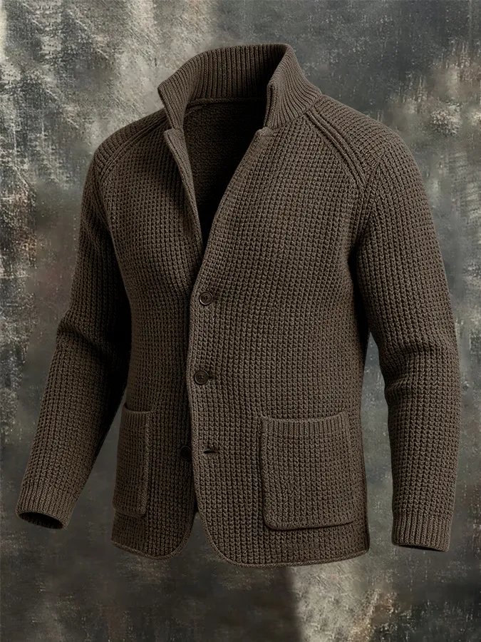 Men'S Retro Warm Knitted Sweater Button Collar Solid Color Coarse Needle Sweater Coat