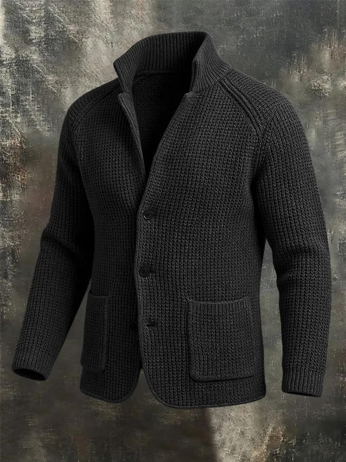 Men'S Retro Warm Knitted Sweater Button Collar Solid Color Coarse Needle Sweater Coat