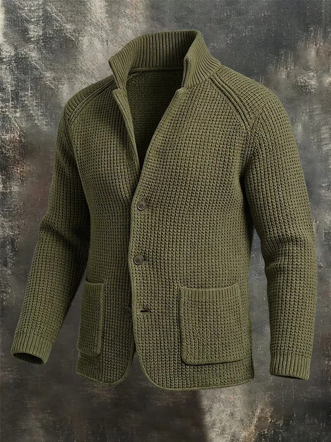 Men'S Retro Warm Knitted Sweater Button Collar Solid Color Coarse Needle Sweater Coat