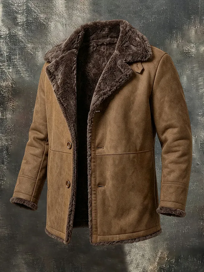 Men'S Casual Solid Color Long Sleeved Suede Synthetic Fur Jacket, Warm And Thick Contrasting Color Jacket