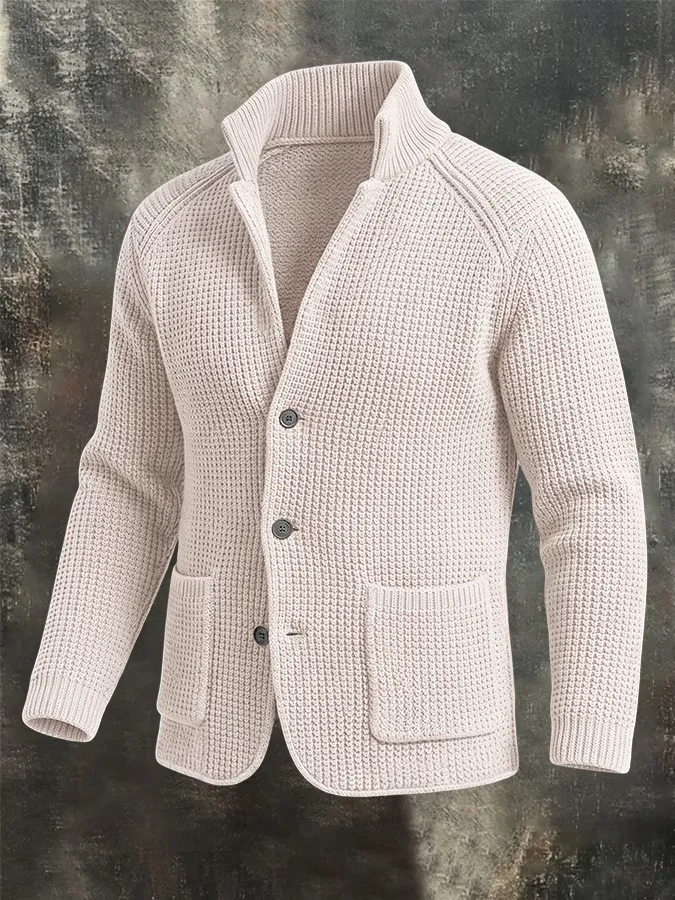 Men'S Retro Warm Knitted Sweater Button Collar Solid Color Coarse Needle Sweater Coat