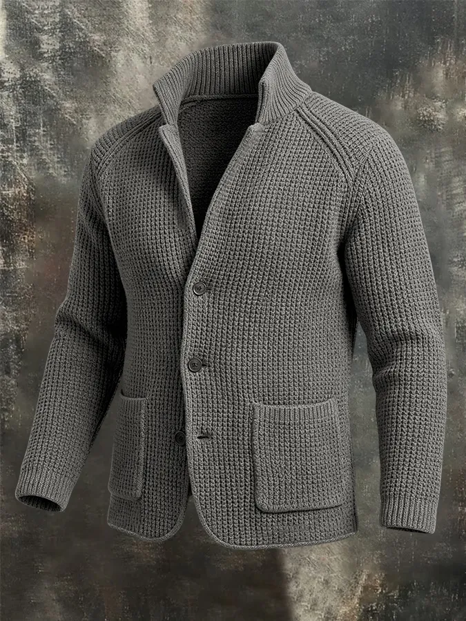Men'S Retro Warm Knitted Sweater Button Collar Solid Color Coarse Needle Sweater Coat