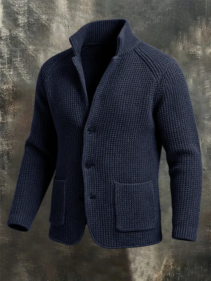 Men'S Retro Warm Knitted Sweater Button Collar Solid Color Coarse Needle Sweater Coat
