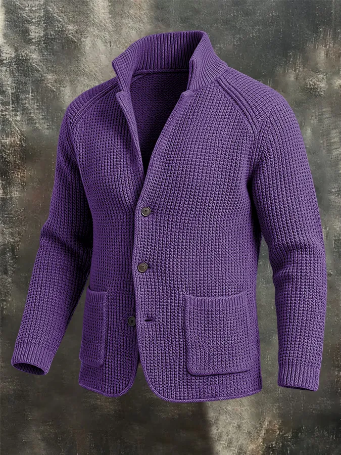 Men'S Retro Warm Knitted Sweater Button Collar Solid Color Coarse Needle Sweater Coat